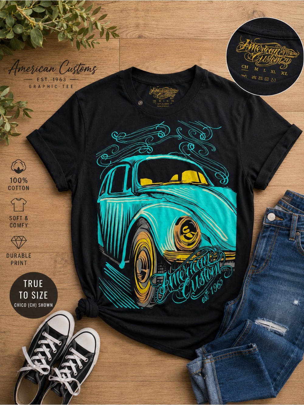 American Vintage Black Graphic Tee with Teal & Yellow Car Print